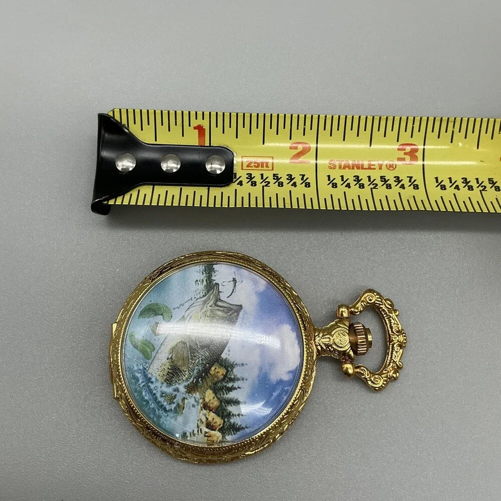 Largemouth Bass Pocket Watch Men 46mm Gold Tone Full Hunter Chain New Battery